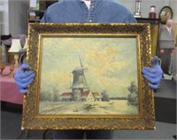 older framed windmill painting by raymond