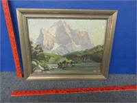 older framed mountain oil painting - signed