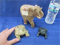 hand carved soap stone elephant & 2 frogs