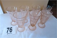 7 Pink Depression glass stemware glasses.