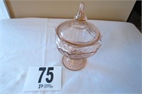 Pink Depression glass covered candy dish.