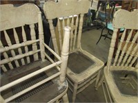 4 Antique Painted Press Back Cane Bottom Chairs