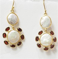 Silver Gold Plated Garnet and Pearl Earrings