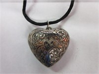Silver Engraved Heart Pendant on Rope Necklace