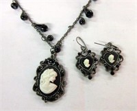 Black Beaded Cameo Necklace & Earring Set