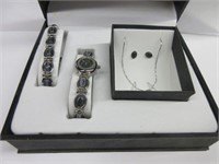 Geneva Ladies Quartz Watch, Necklace & Earring Set