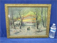 antique winter print in frame (sleigh-town)