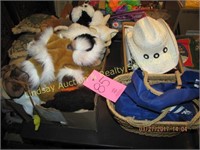 1 Box Of Stuffed Animals/ Dolls, 1 Wicker Basket,