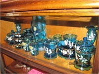 20 Pcs Of Painted Blue Glass: Pitcher, Cups,