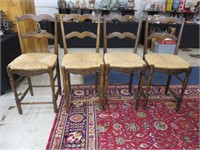 (4) COUNTRY FRENCH CARVED RUSH BOTTOM BAR STOOLS