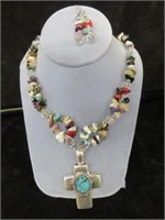 MULTI COLOR STONE NECKLACE WITH CROSS PENDANT