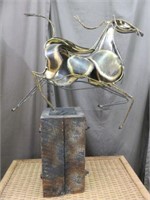 ART DECO METAL HORSE SCULPTURE ON WOOD BASE 34"T