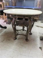 FAUX MARBLE TOP AND WROUGHT IRON GARDEN TABLE