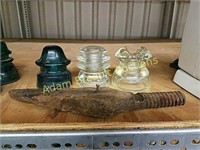 (4) vintage glass insulators & post