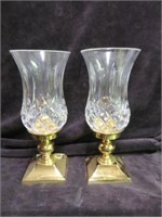 PAIR WATERFORD CRYSTAL AND BRASS CANDLESTICKS