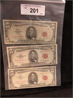 (3) $5 NOTES RED SEALS 1953 AND 1963