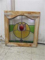 WOOD FRAMED STAIN GLASS WINDOW 20"T X 19"W