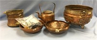 Lot with brass pots, bowls, tea kettle, and a zip