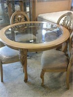 Wood round ornate glass top dining table w 4