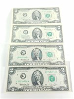 LOT OF US CURRENCY AND COINS QTY 4 1976 $2 NOTES