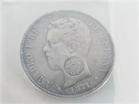 1871 5 PESETAS SPANISH SILVER COIN