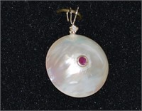 14kt Gold Freshwater Pearl Ruby & Diamond Pend.