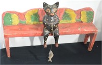 Vintage Folk Art Fishing Cat On Bench