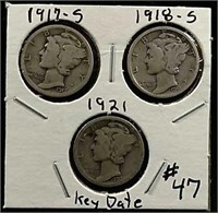 1917-S, 1918-S & 1921  Mercury Dimes  VG