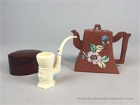 Lot with Pipe, Teapot, and Box