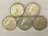 5 - 1965 Canada 10¢ Silver Coins