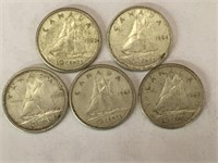 5 - 1963 Canada 10¢ Silver Coins