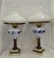 Pair Of White Cut To Cobalt Sandwish Glass Lamps
