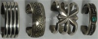 4 NAVAJO SILVER BRACELETS VARIOUS DESIGNS, 1 WITH