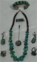 8 PIECES NAVAJO STERLING AND TURQUOISE TO INCLUDE