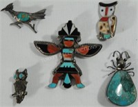 LOT OF 5 NAVAJO SILVER PINS TO INCLUDE A KACHINA,