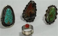 LOT OF 4 NAVAJO SILVER, TURQUOISE, AND AGATE