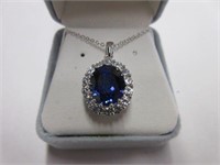 Sterling Silver Sappire & Cubic Zirconia Pendant N
