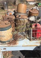 Metal Table, Gas Cans and Contents