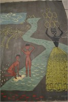 Large Antique Tahitian Mural w Nudes 7'x 15'