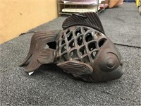 CAST IRON FISH FIGURAL HANGING CANDLE HOLDER 11"