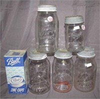 (5) Vintage clear glass canning jars with zinc
