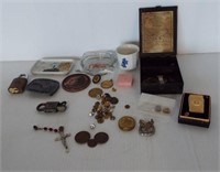Assortment of items including various coins