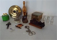 Assortment of items including trinket boxes, wood
