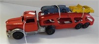 1950's Hubley car hauler with 2 cars. Measures