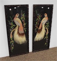 Pair of framed real feather bird pictures.