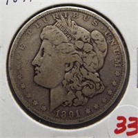 1891 Morgan silver dollar.