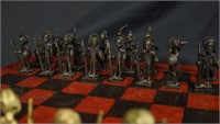 CHESS SET WITH TOOLED LEATHER BOARD & BRONZE PIECE