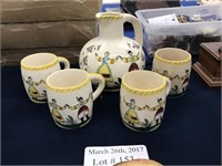 FIVE PIECE HAND PAINTED BAVARIAN PITCHER AND FOUR