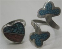 2 Vintage S/S Turquoise & Red Coral Inlay Rings