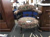 ANTIQUE VICTORIAN ARM CHAIR WITH FLORAL UPHOLSTERY